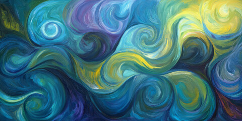 Obraz premium Vibrant oil paint texture featuring swirling blues, greens, and purples. The abstract background captures the essence of motion and fluidity, with highly detailed brushstrokes that bring the texture