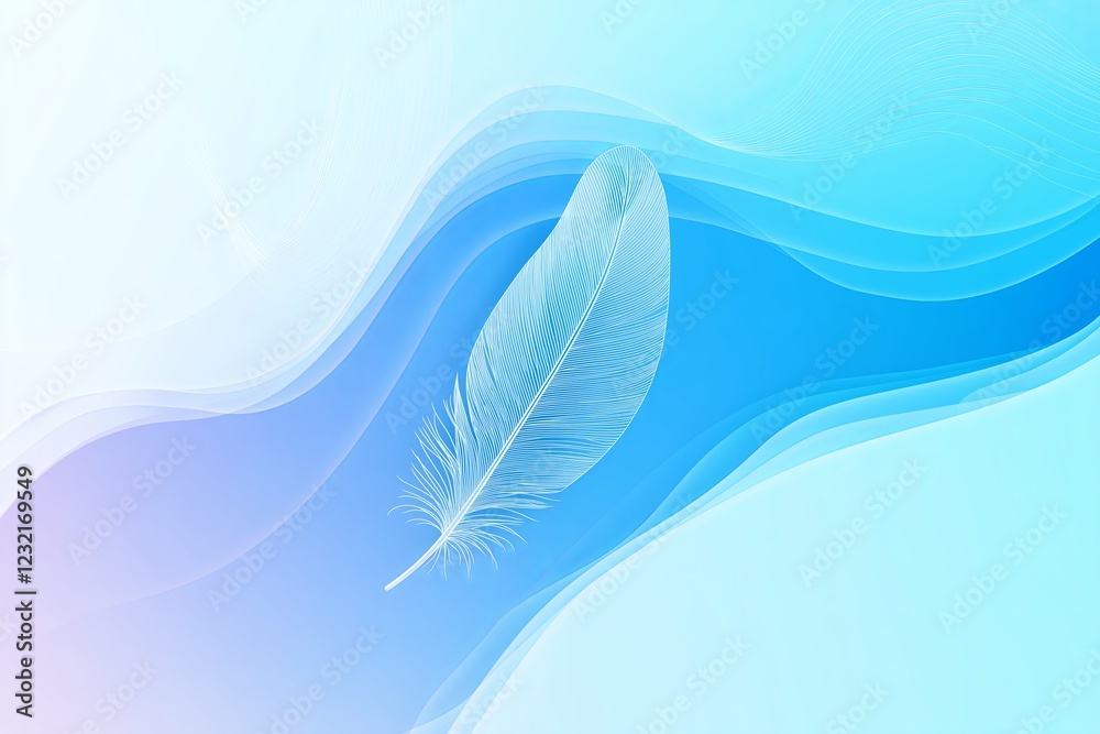 Poster A gradient background blending shades of blue and white, with a single floating feather, simple and serene 