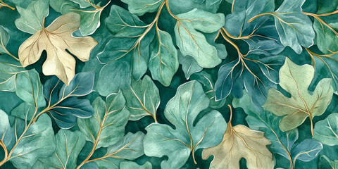 Lush watercolor seamless border with varied shades of green leaves, highlighted by intricate golden branches. A balanced mix of organic and metallic elements perfect for elegant stationery, wallpapers