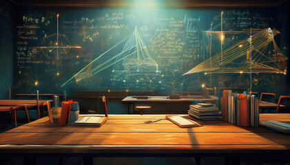 Floating equations and geometric designs enhance a classroom focused on understanding firefly physics in a creative learning environment