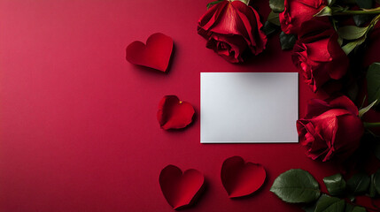 Valentine's Day background with roses, and an empty blank card for a message on a dark red background. Valentine's concept with copy space