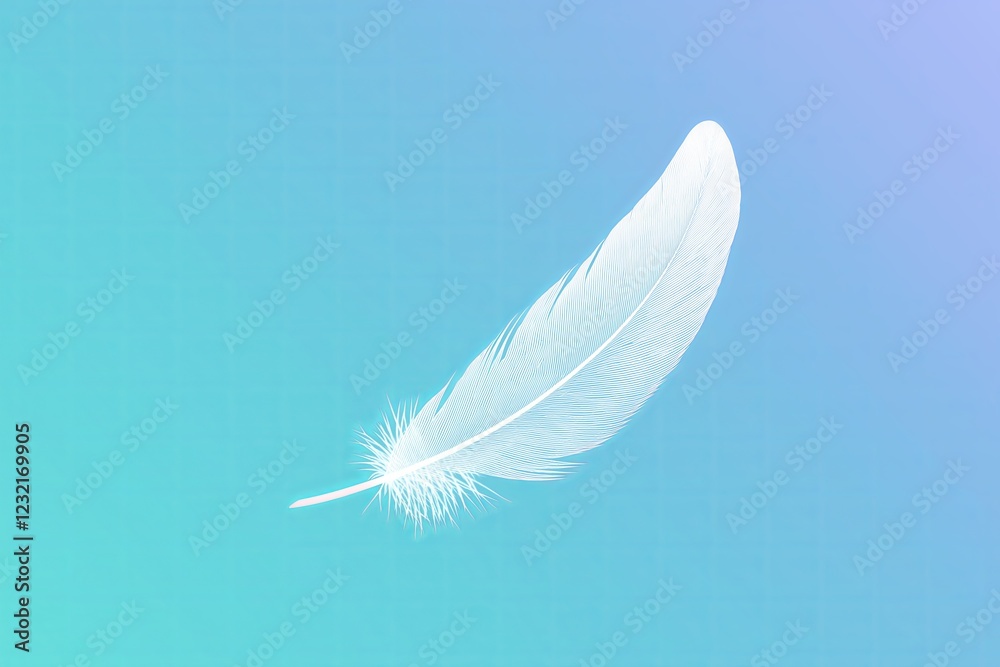 Poster A gradient background blending shades of blue and white, with a single floating feather, simple and serene 