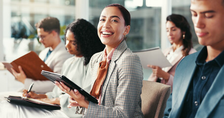 Business people, woman and portrait with tablet for conference, corporate training and career...