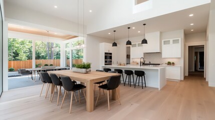 A large open kitchen with a dining table and chairs