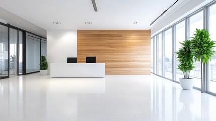 A large open office space with a white wall and wooden paneling