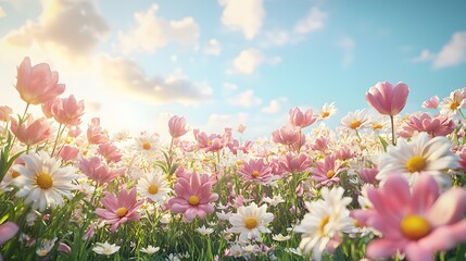 Fototapeta premium Vibrant flower field illuminated by sunlight during a clear day. Generative AI