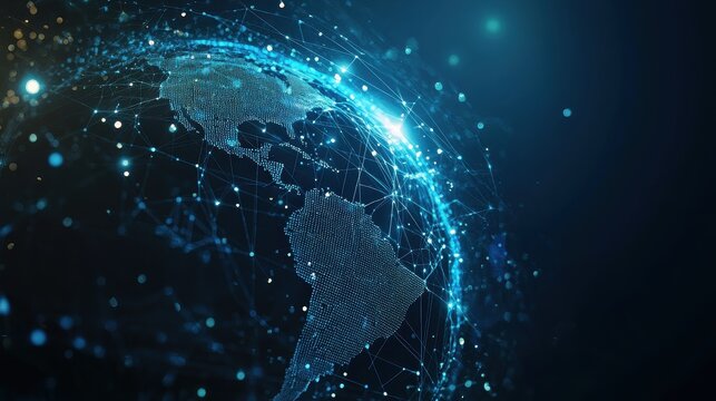 A glowing digital globe with interconnected trade routes, futuristic holographic lines, and AI-driven data analytics, set against a dark blue cyberspace background. 