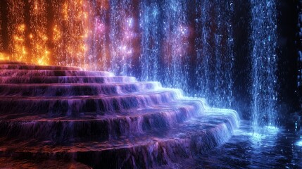 Luminous Cascading Shapes in a Digital Waterfall Displaying Vibrant Colors