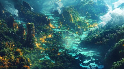 Obraz premium Lush Landscape of Flowing Water and Vibrant Connectivity in Nature