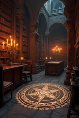 Obraz premium A secret library in the castle's dungeon, where candles burn on massive candelabra. And a magic circle is painted on the floor
