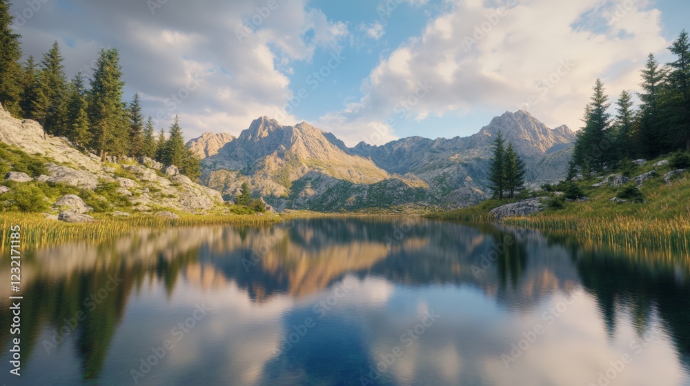 Aufkleber calm mountain lake reflecting majestic peaks and evergreen trees under a cloudy sky during a sunny d