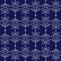 Sashiko Japanese stitch embroidery ethnic abstract artwork seamless geometric pattern printed background fabric wallpaper hand drawn line indigo white template
