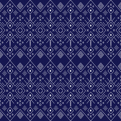 Sashiko Japanese stitch embroidery ethnic abstract artwork seamless geometric pattern printed background fabric wallpaper hand drawn line indigo white template
