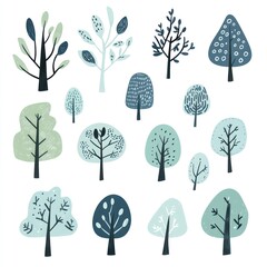 Collection of stylized trees in teal and green hues