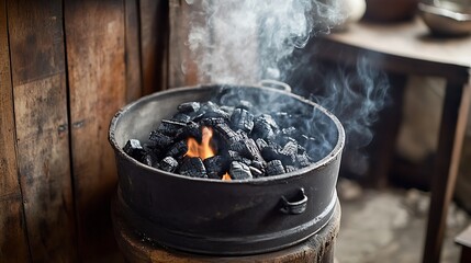 Glowing Embers in a Rustic Metal Charcoal Brazier