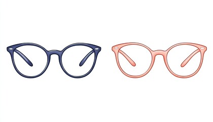 Fototapeta premium Two stylish pairs of eyeglasses displayed side by side against a clean white background, showcasing modern design