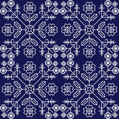 Sashiko Japanese stitch embroidery ethnic abstract artwork seamless geometric pattern printed background fabric wallpaper hand drawn line indigo white template
