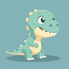 Happy cartoon dinosaur plays cheerfully against a pastel blue background enjoying a day full of imagination and joy