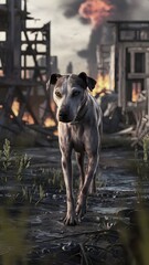 A dog stands in front of a ruined building, showcasing resilience amidst destruction.