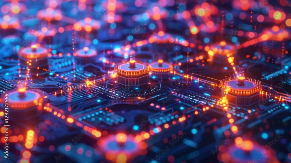 Poster Brightly illuminated microchip circuit with intricate patterns and glowing connections, embodying the beauty of technology at night. Colors blend to create a captivating visual effect.