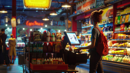 Naklejka premium Grocery shopping checkout shot in cinematic style, emphasizing interactions, highly detailed and vibrant, realistic yet creative depiction, emphasizing context and action