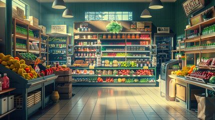 Grocery shopping checkout shot in cinematic style, emphasizing interactions, highly detailed and vibrant, realistic yet creative depiction, emphasizing context and action