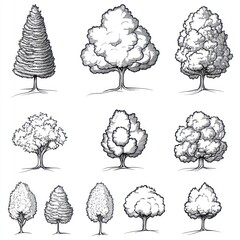 Nine Ink Drawings of Various Tree Types and Sizes