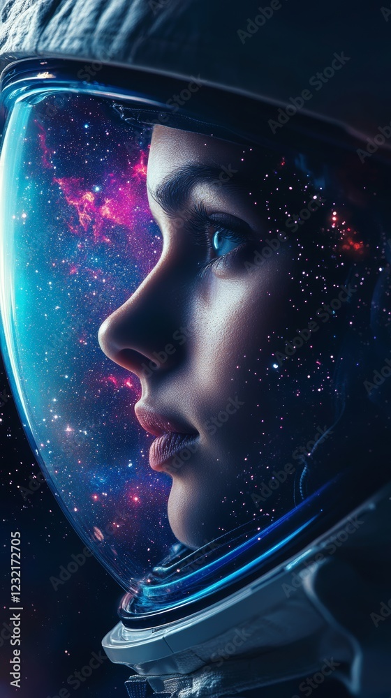 Wall mural female astronaut exploring the universe with spacesuit and helmet