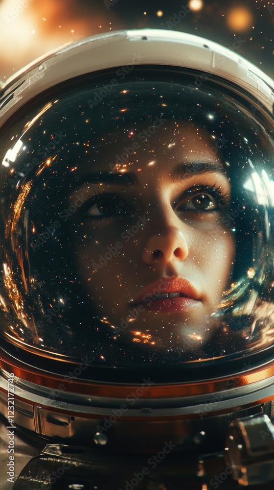 Poster female astronaut exploring the universe wearing spacesuit and helmet