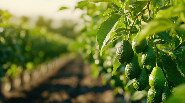 lush garden filled with avocado trees bearing green fruit, showcasing nature bounty and tranquility