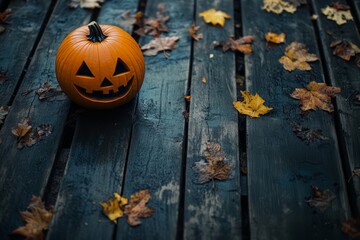 A Carved Halloween Pumpkin Sits On A Dark Wooden Surface Covered In Fallen Autumn Leaves.  Spooky And Autumnal.