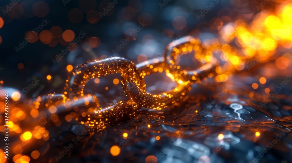 Poster Glowing orange chain links rest in water, reflecting lights and shadows in a captivating display of color and texture during evening hours.