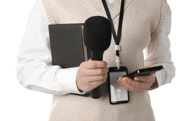Journalist with microphones, smartphone and notebook on white background, closeup