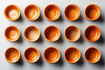 Neatly Spaced Terracotta Pots on Smooth Grey Tiles Earthy Minimalism and Clean Aesthetic A collection of empty terracotta pots arranged in a grid pattern on a neutral grey background showcases a