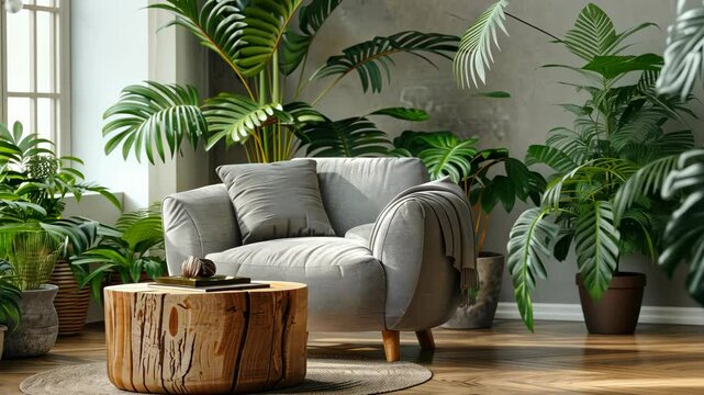 Stylish living room interior. Cozy corner of room for relaxation with gray armchair, wooden coffee table and lush indoor plants to purify the air