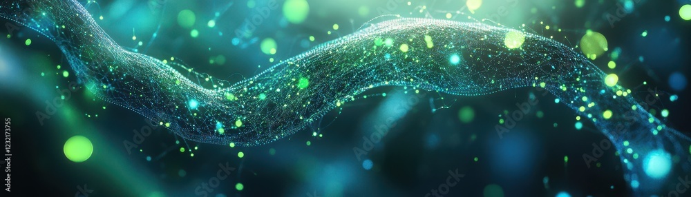 Wall mural abstract digital wave with glowing particles and network connections in a futuristic green and blue 