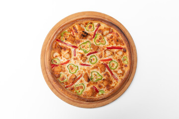Chicken pizza on a wooden plate isolated on a white background. Restaurant