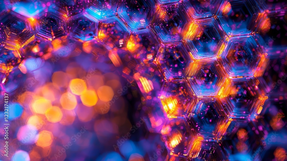 Poster vivid hexagonal patterns illuminated with dynamic colorful light effects