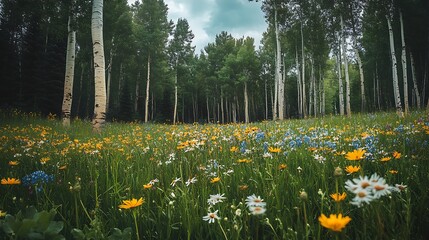 Obraz premium A vibrant meadow filled with wildflowers under tall trees in a serene forest setting.