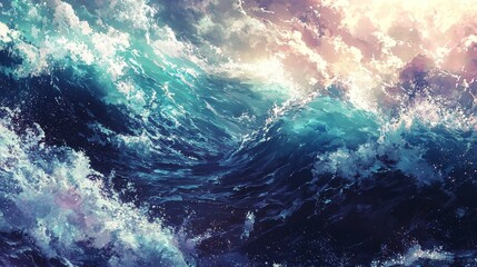 Fototapeta premium Luminous Waves Crashing with Colorful Reflections Under a Bright Sky