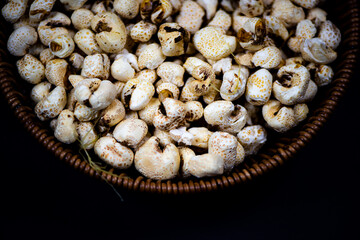 Corn popcorn and cooked corn in bamboo baskets