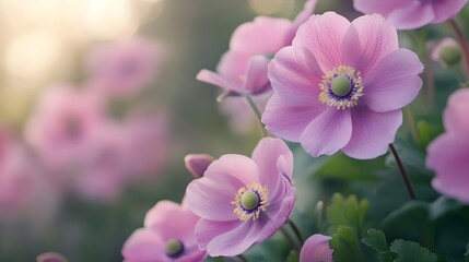 Fototapeta premium Beautiful pink flower anemones fresh spring morning on nature and fluttering butterfly on soft green background, macro. Spring template, elegant amazing artistic image, free space