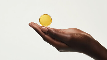 3d render black hand holding golden coin between fingers isolated on white background. Money savings, alms, donation, payment, income, earnings, finance concept. Illustration in. 3D Illustration