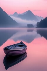 Serene Mountain Lake at Sunrise with Misty Reflections and a Lonely Wooden Boat in Tranquil Pink and Purple Hues