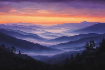 Obraz premium misty mountain peaks at dawn, painted in warm oranges and cool purples, low clouds drifting through valleys below