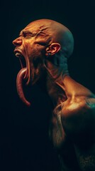 Profile of a muscular bald man sticking out his long tongue and screaming with veins popping out on a dark background