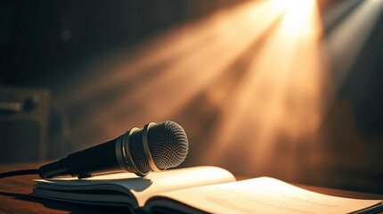 Obraz premium Microphone on open book with dramatic lighting, radio journalism concept, copy space
