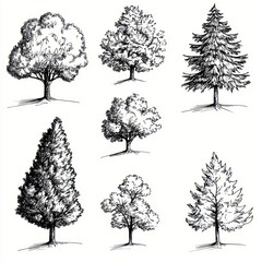 Fototapeta premium Six Ink Drawings of Various Tree Types