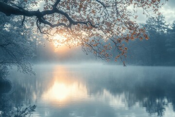 Serene Sunrise Over Misty Lake with Autumn Leaves and Tranquil Reflections in a Peaceful Natural Setting