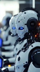 Fototapeta premium Futuristic humanoid robots with glowing blue eyes working together in a server room, concept of artificial intelligence and automation